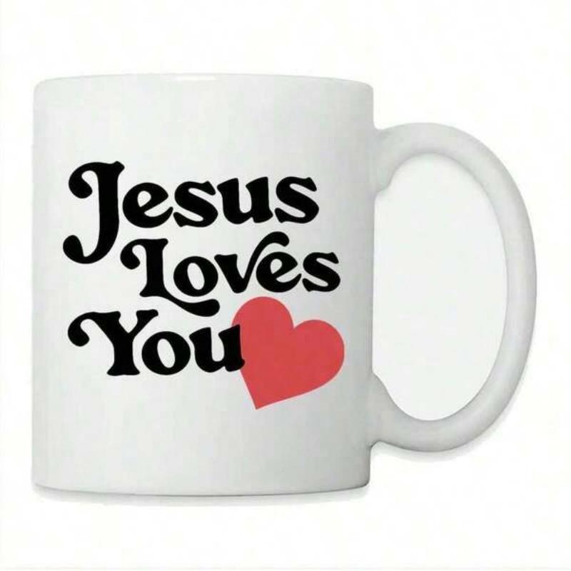 Tailorly White Ceramic 11 oz Mug - Jesus Loves You Bold Retro Typography With A Minimalist Vibrant Red Heart