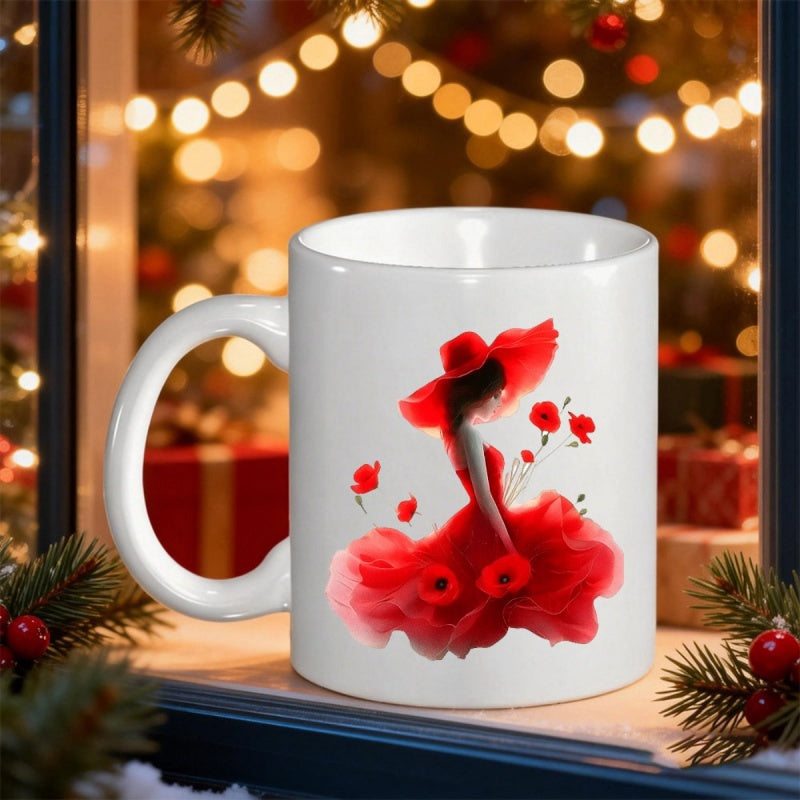 Tailorly White Ceramic 11 oz Mug - Elegant Artistic Silhouette Wearing Flowing Crimson Gown And Large Red Hat Lady