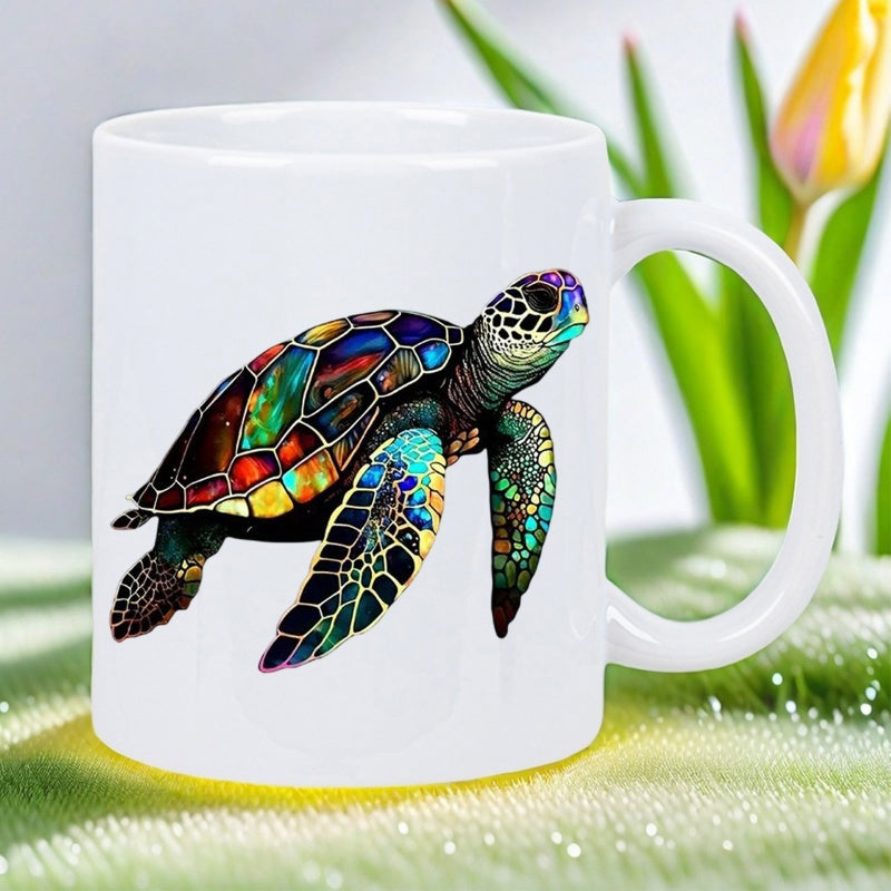 Tailorly White Ceramic 11 oz Mug - Colorful Stained Glass Mosaic Design Featuring A Swimming Marine Life Sea Turtle