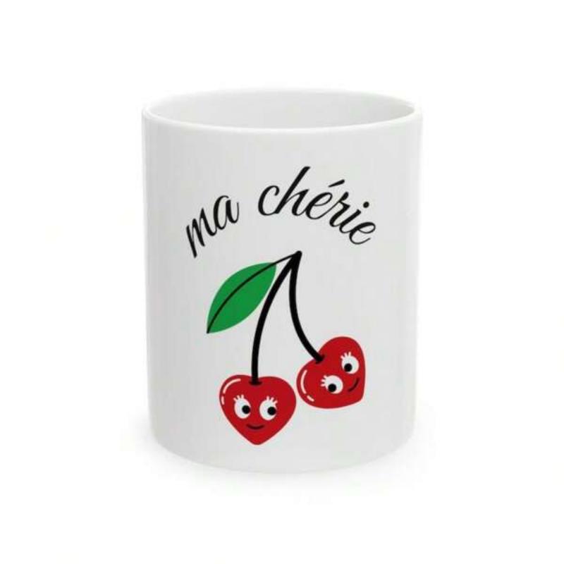 Tailorly White Ceramic 11 oz Mug - Two Red Heart Shaped Cherries With Cute Smiling Cartoon Faces Cherry