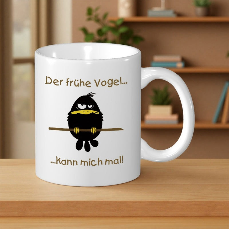 Tailorly White Ceramic 11 oz Mug - Grumpy Little Black Crow Perched Upon A Single Horizontal Wire Branch Bird