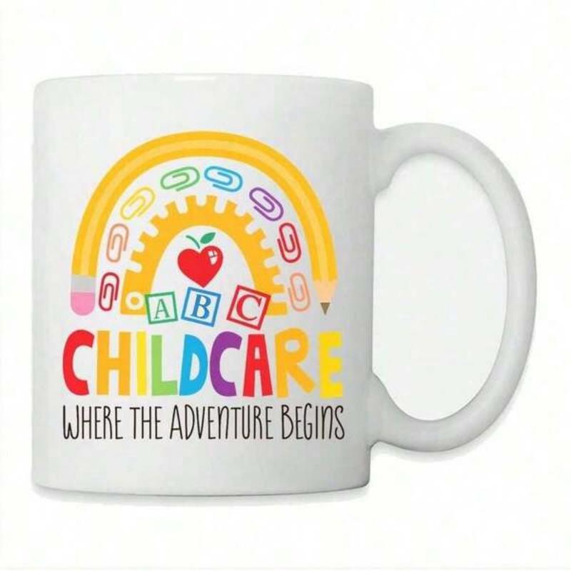 Tailorly White Ceramic 11 oz Mug - Childcare Where The Adventure Begins Playful School Supplies Arched Under A Bright Yellow Pencil Rainbow