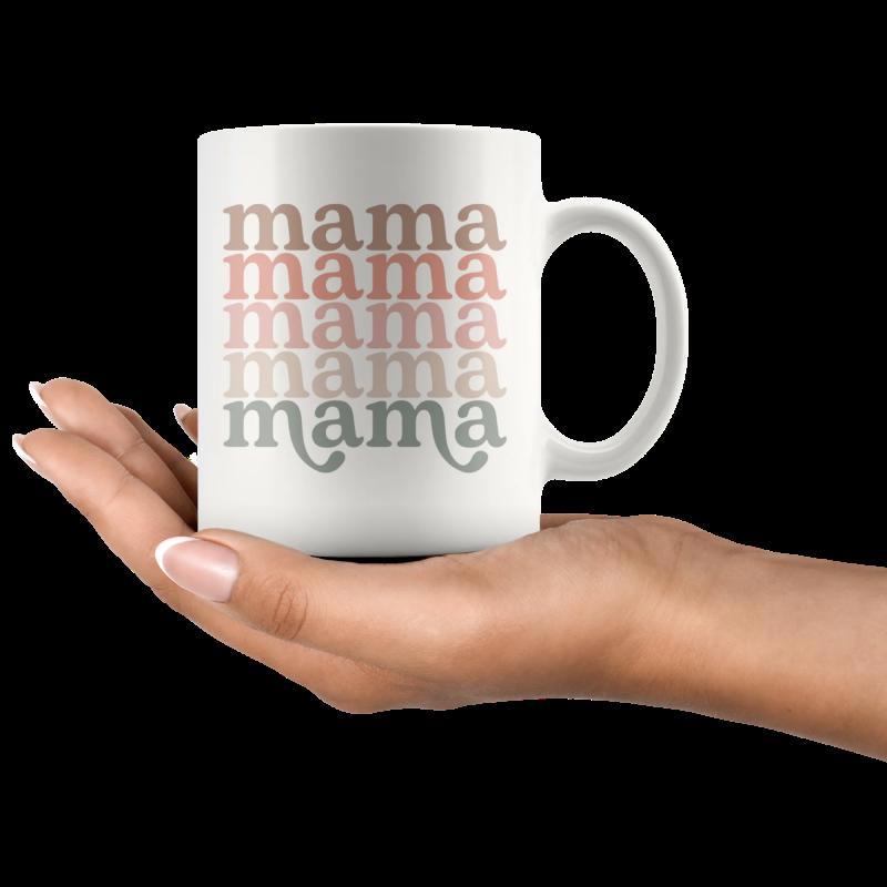 Tailorly White Ceramic 11 oz Mug - Mama Retro Script Repeated Vertically Across Minimalist Mug