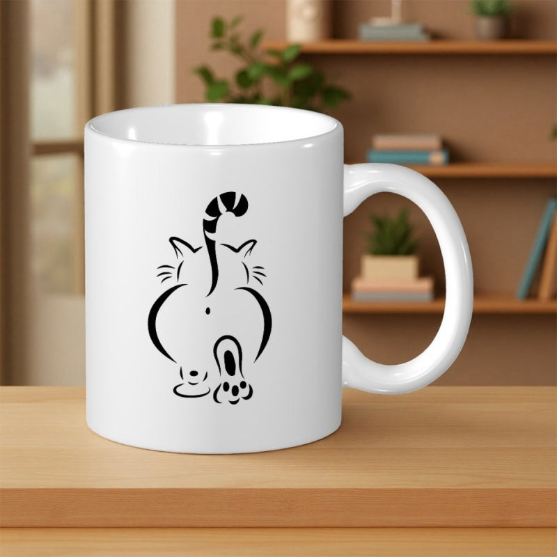 Tailorly White Ceramic 11 oz Mug - Minimalist Black Ink Style Line Art Featuring A Striped Tail Feline Cat