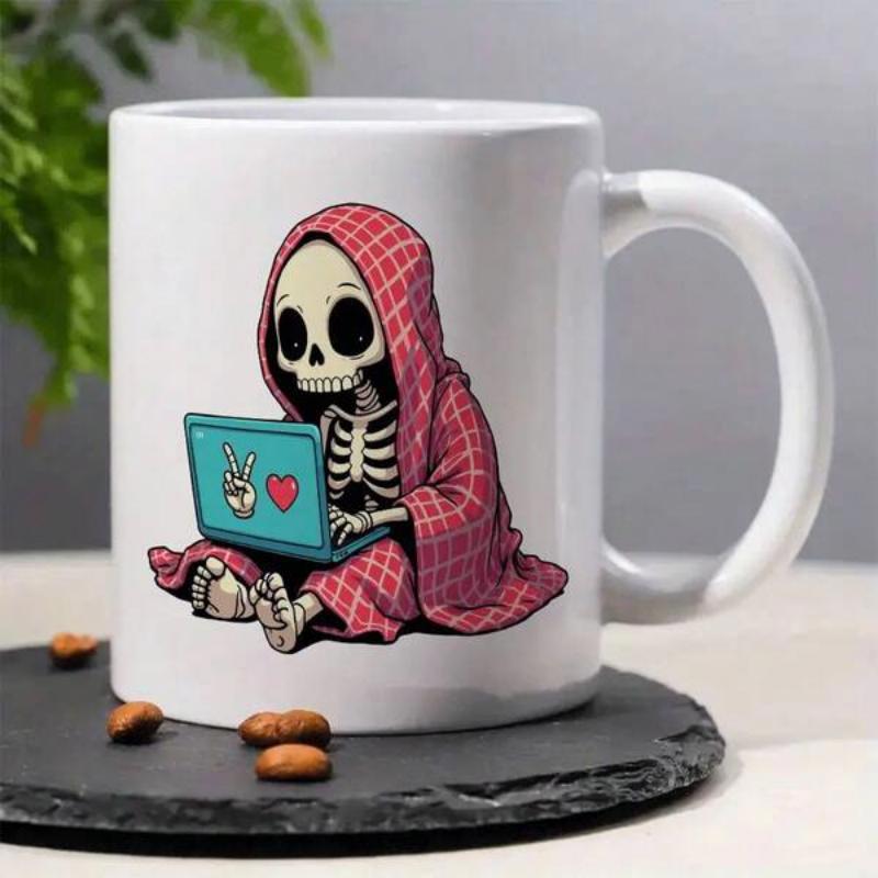 Tailorly White Ceramic 11 oz Mug - Cute Small Reaper Wearing Pink Checkered Blanket With Blue Laptop Skeleton