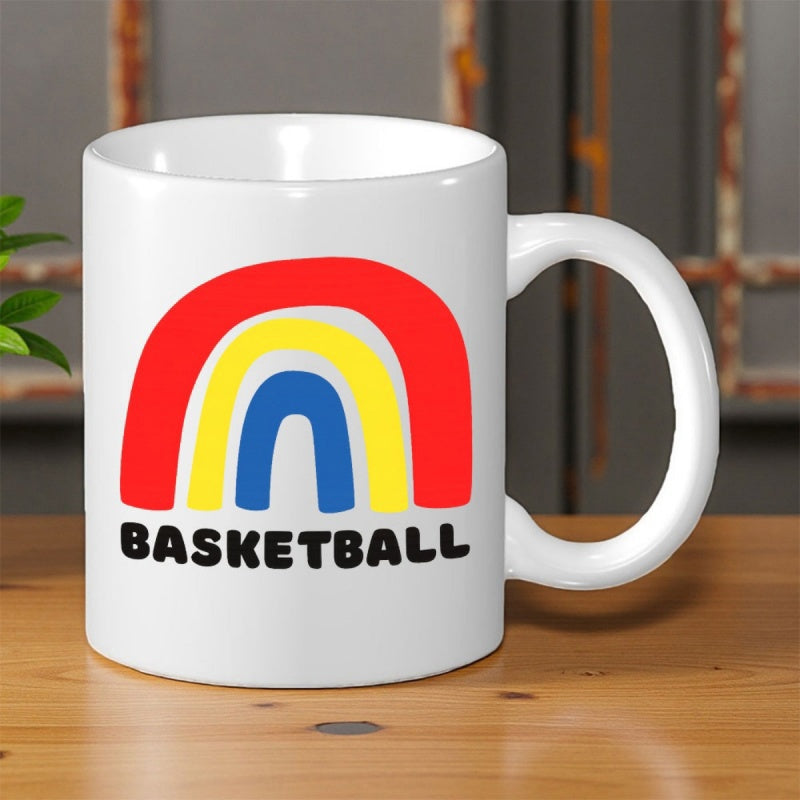 Tailorly White Ceramic 11 oz Mug - Basketball Colorful Hand Drawn Arches Styled With Vibrant Primary Tones Rainbow