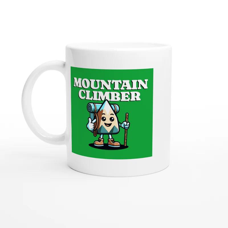 Tailorly White Ceramic 11 oz Mug - Mountain Climber Cute Cartoon Character Carrying Heavy Backpack And Holding Wooden Walking Stick Mountain