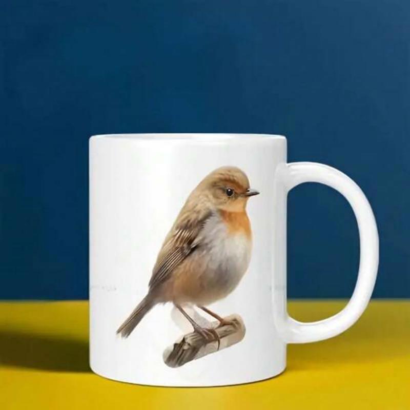 Tailorly White Ceramic 11 oz Mug - Small Realistic Songbird Perched On A Weathered Wooden Branch Bird
