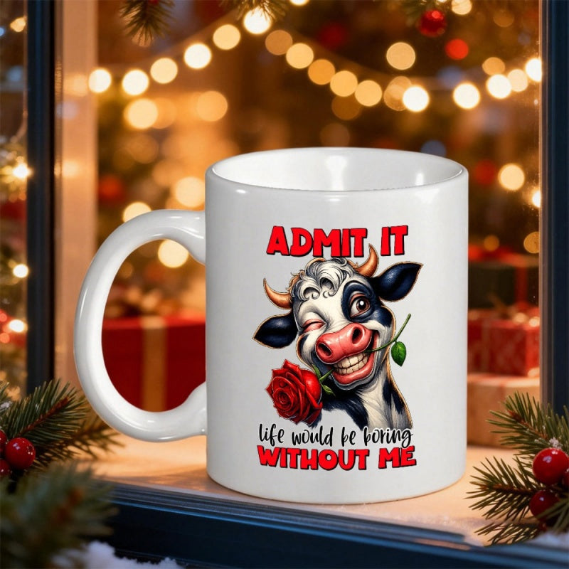 Tailorly White Ceramic 11 oz Mug - Admit It Life Would Be Boring Without Me Cheerful Winking Cow Holding Red Rose In Its Mouth Among Festive Lighting Cow