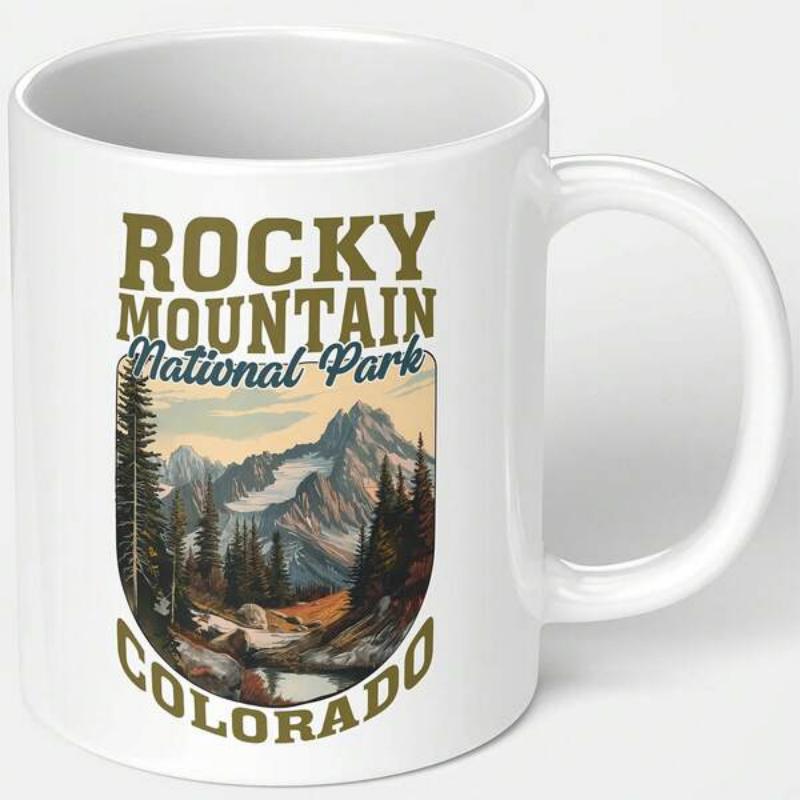 Tailorly White Ceramic 11 oz Mug - Rocky Mountain National Park Colorado Majestic Snow Capped Peaks Among Tall Evergreen Pines Mountain
