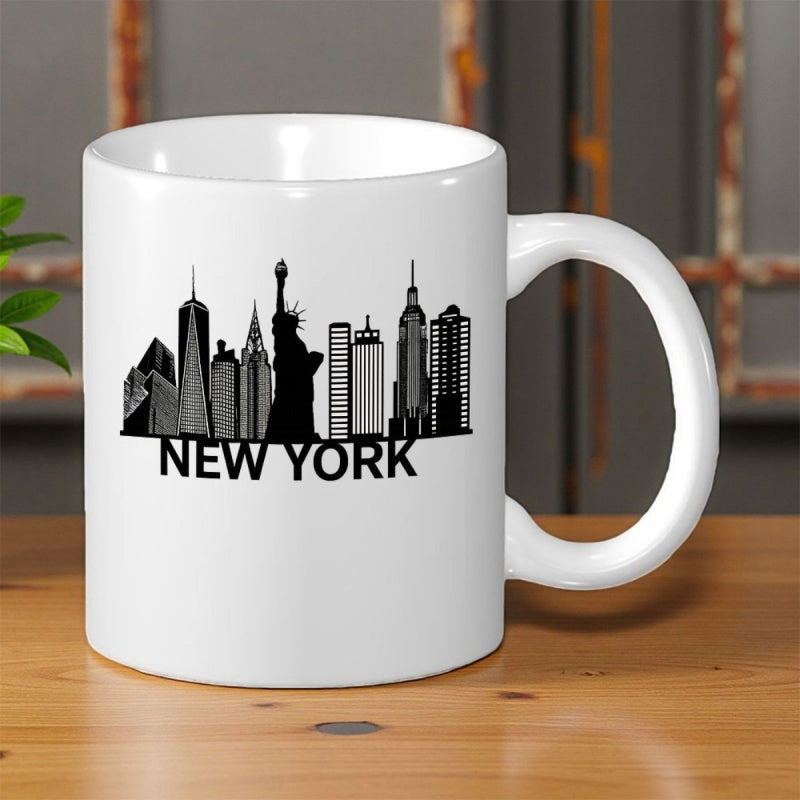 Tailorly White Ceramic 11 oz Mug - New York Detailed City Silhouette Featuring Famous Skyscrapers And The Statue Of Liberty Skyline