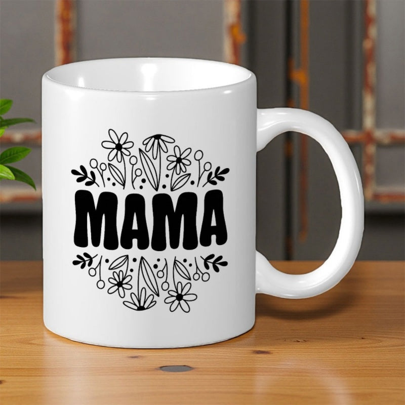 Tailorly White Ceramic 11 oz Mug - Mama Delicate Hand Drawn Wildflowers Blossoming Around Classic Retro Groovy Typography Flower