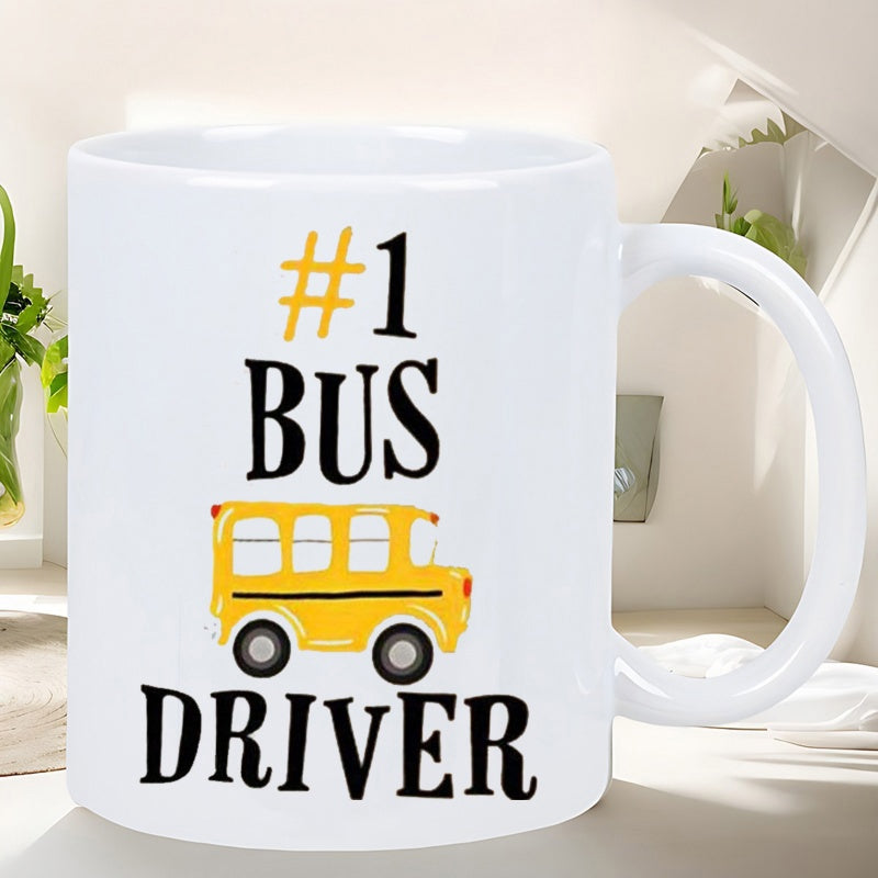 Tailorly White Ceramic 11 oz Mug - Number One Bus Driver Cartoon Yellow School Bus Featuring Black Wheels And White Windows Bus