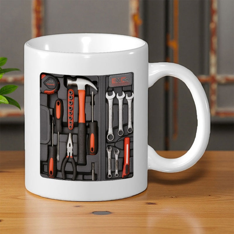 Tailorly White Ceramic 11 oz Mug - Realistic Industrial Hand Tools Organized Neatly Inside A Toolbox