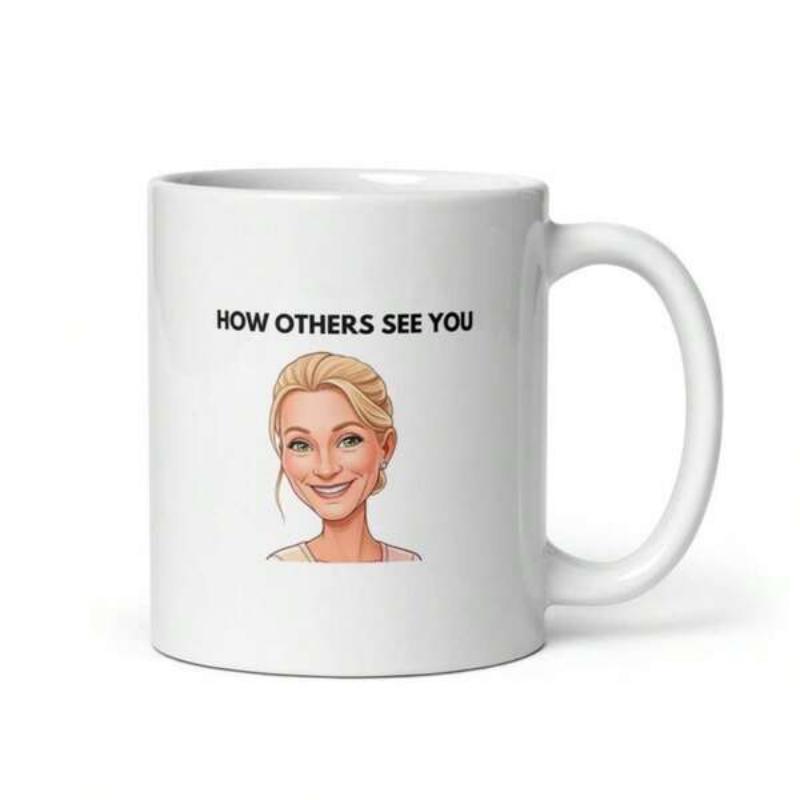 Tailorly White Ceramic 11 oz Mug - How Others See You Minimalist Vector Art Featuring A Smiling Blonde Woman In Modern Style Portrait