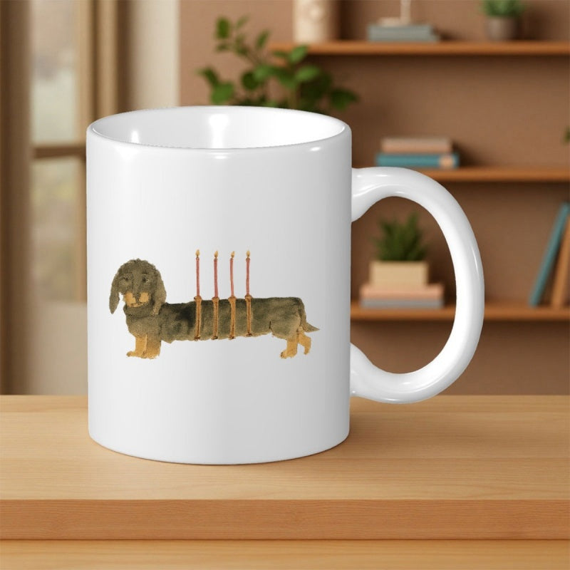 Tailorly White Ceramic 11 oz Mug - Cute Elongated Brown Dog Illustration With Multiple Vertical Lines Over Body Dachshund