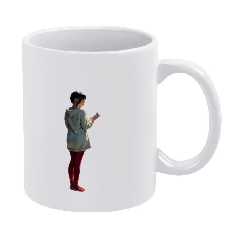 Tailorly White Ceramic 11 oz Mug - Standing Thoughtfully Wearing Casual Hoodie And Red Pants In Gentle Pose Girl