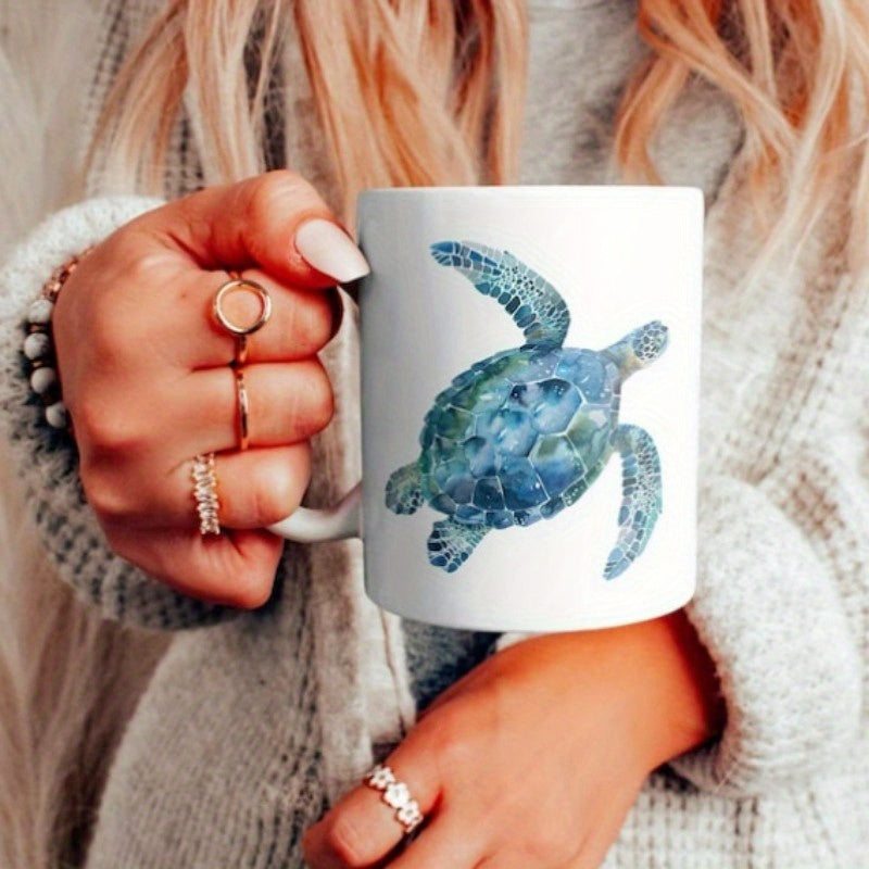 Tailorly White Ceramic 11 oz Mug - Beautiful Watercolor Sea Turtle Swimming Gracefully Through Calm Clear Tropical Waters Turtle