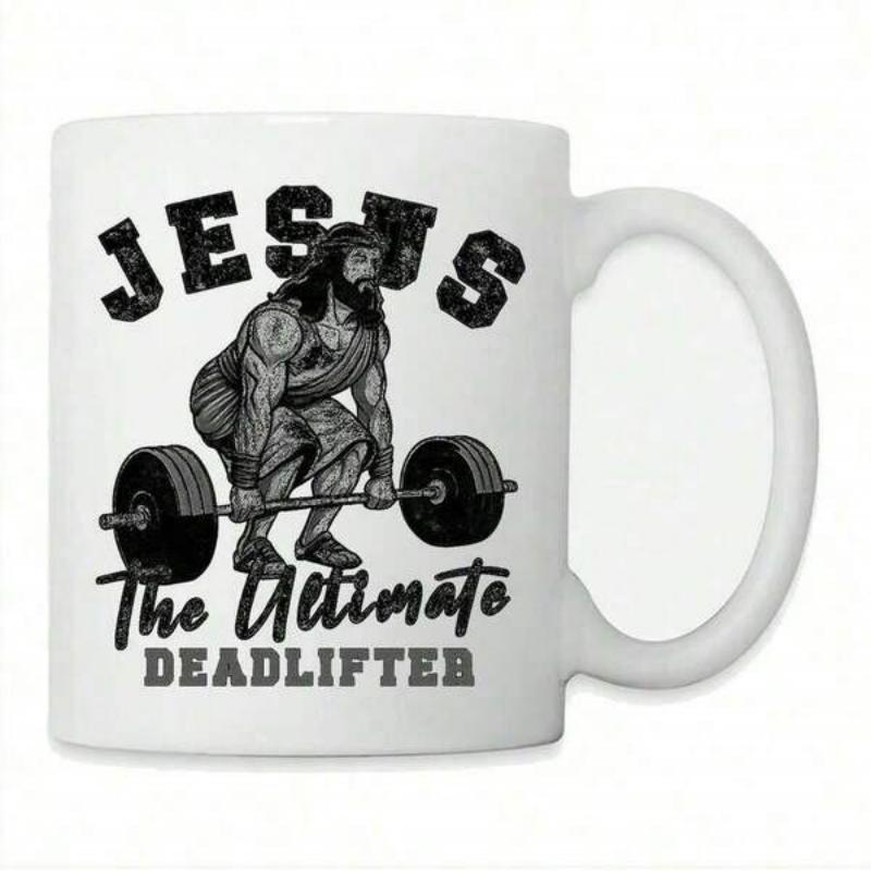 Tailorly White Ceramic 11 oz Mug - Jesus The Ultimate Deadlifter Muscular Figure Lifting Heavy Barbell Weights With Intense Athletic Power Deadlifter