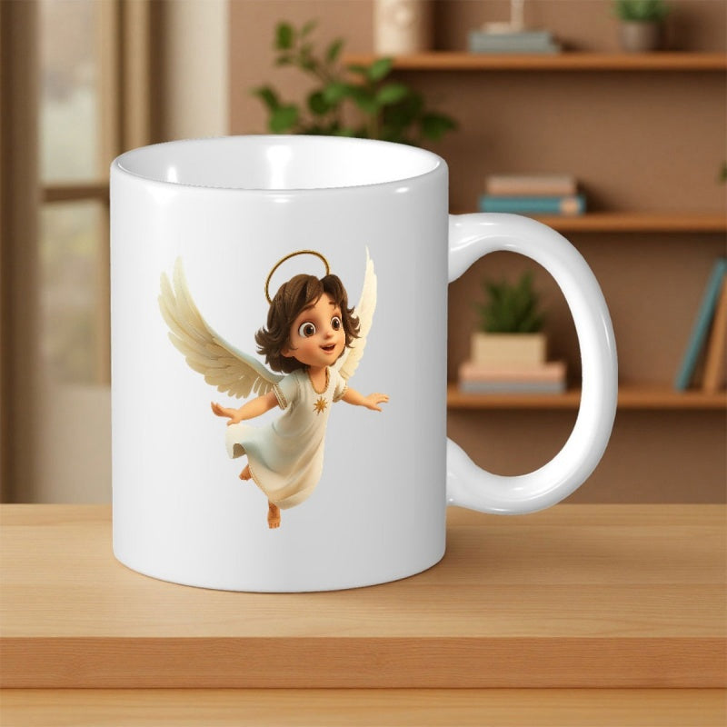 Tailorly White Ceramic 11 oz Mug - Graceful Little Cherub Floating With Golden Halo And Pure White Feathery Wings Angel