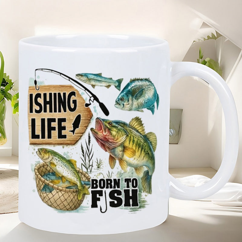 Tailorly White Ceramic 11 oz Mug - Fishing Life Born To Fish Various Realistic Aquatic Species With Fishing Rod And Wooden Sign Fish
