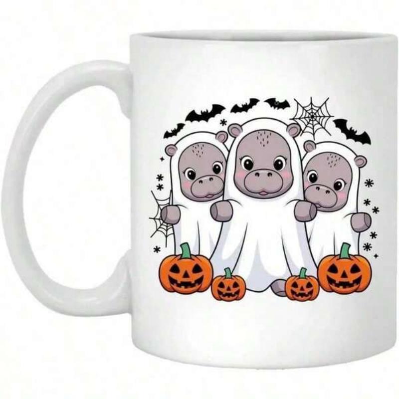 Tailorly White Ceramic 11 oz Mug - Spooky Halloween Spirit Featuring Three Cute Ghost Costumed Creatures And Carved Pumpkin Hippo