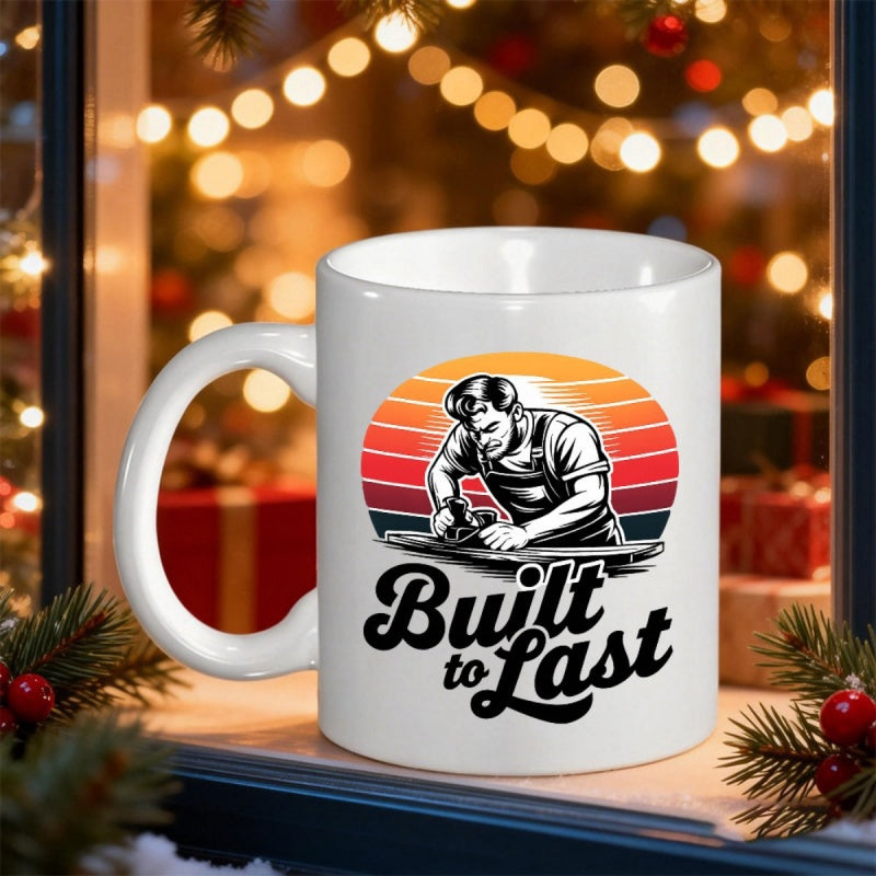 Tailorly White Ceramic 11 oz Mug - Built To Last Vintage Sunset Background With Skilled Craftsman Working On Wooden Surface Carpenter