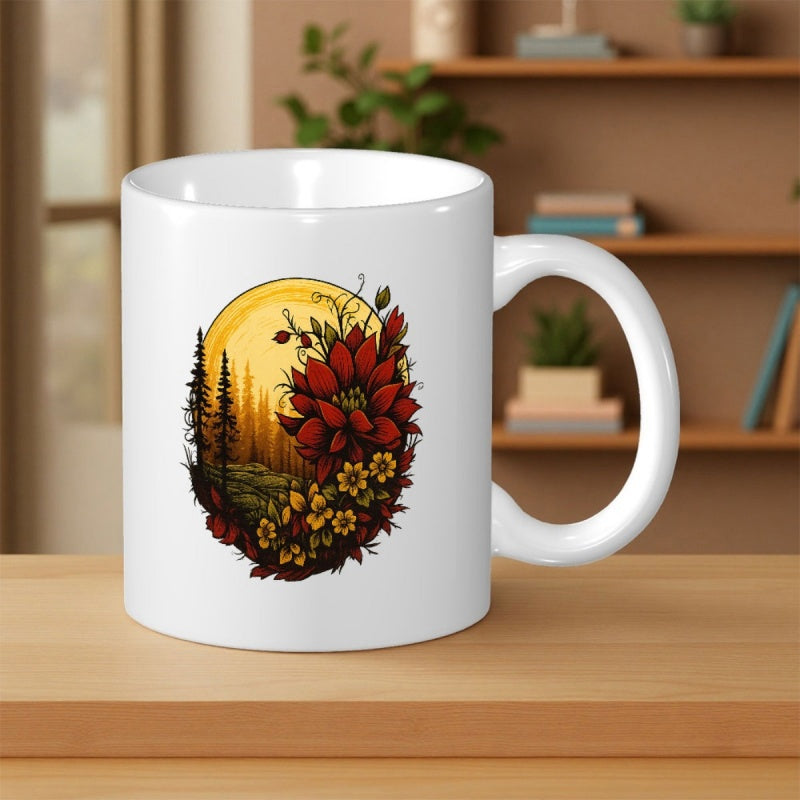 Tailorly White Ceramic 11 oz Mug - Nature Scene With Red Flowers And Pine Trees Under Sun Forest