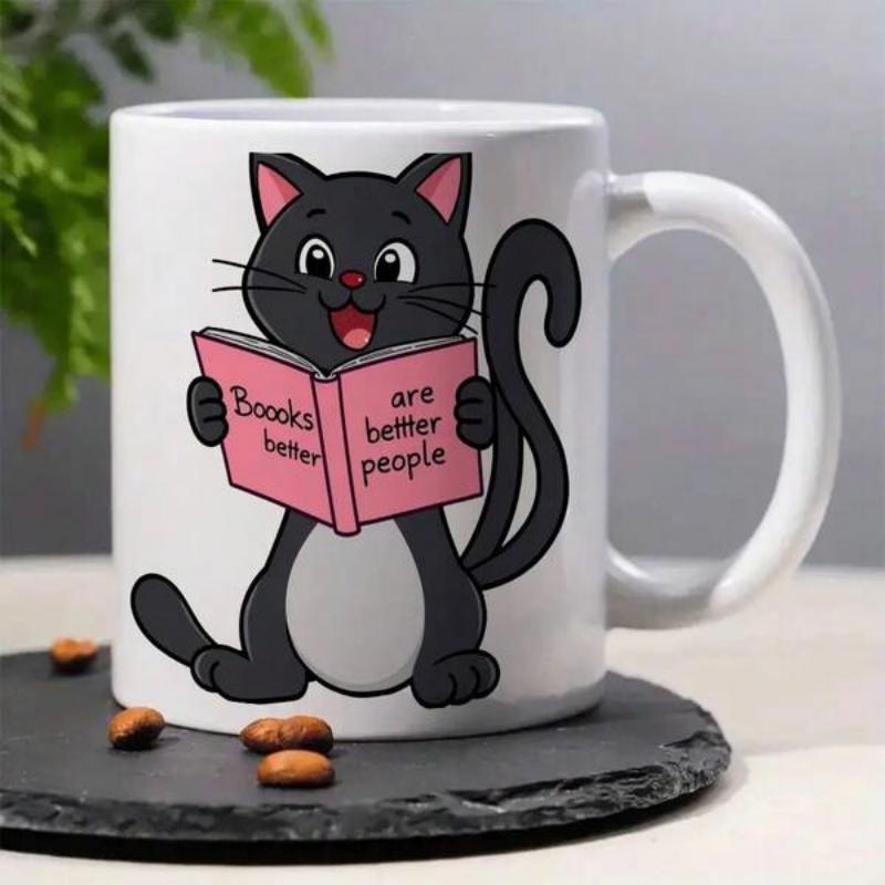 Tailorly White Ceramic 11 oz Mug - Books Are Better Than People Adorable Black Cartoon Cat Sitting And Reading A Small Pink Book Cat