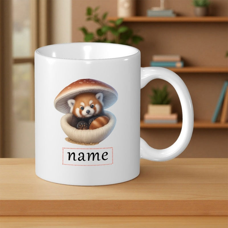 Tailorly White Ceramic 11 oz Mug - Name Adorable Red Panda Resting Comfortably Within A Large Earthy Mushroom Red Panda