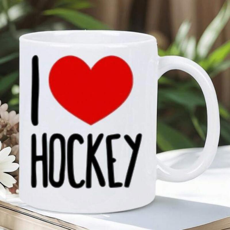 Tailorly White Ceramic 11 oz Mug - I Hockey Bold Black Hand Drawn Letters Beneath Large Vibrant Red Simple Heart