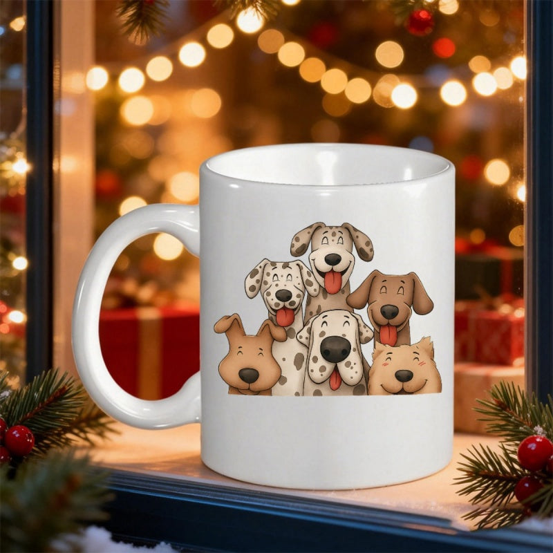 Tailorly White Ceramic 11 oz Mug - Adorable Cartoon Puppies With Friendly Smiles And Wagging Tongues Together Happy Dogs