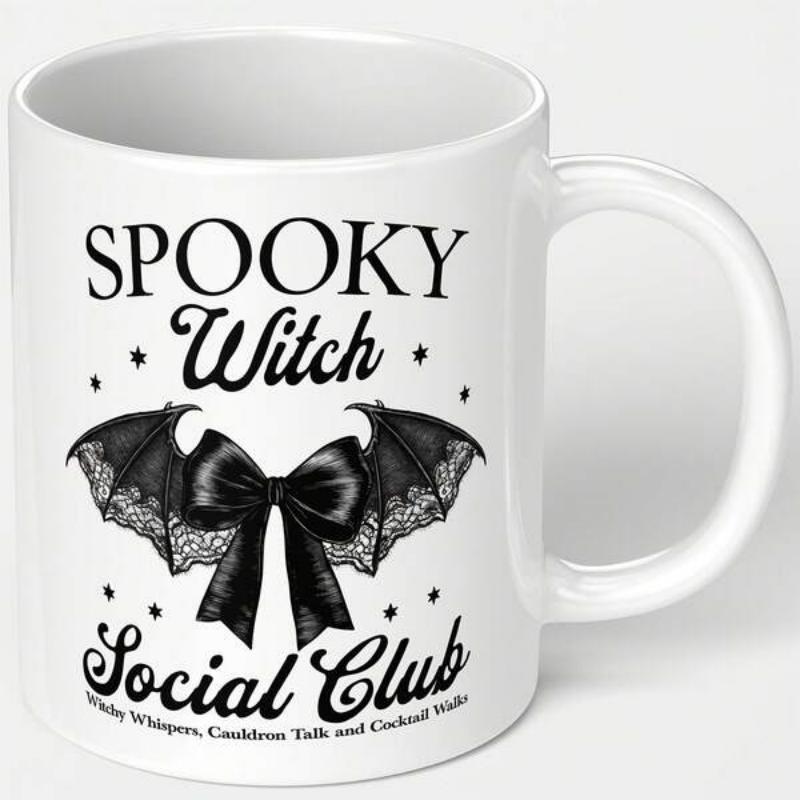 Tailorly White Ceramic 11 oz Mug - Spooky Witch Social Club Witchy Whispers Cauldron Talk And Ghoulish Walks Dark Goth Lace Bat Wings With Intricate Ribbon Bow