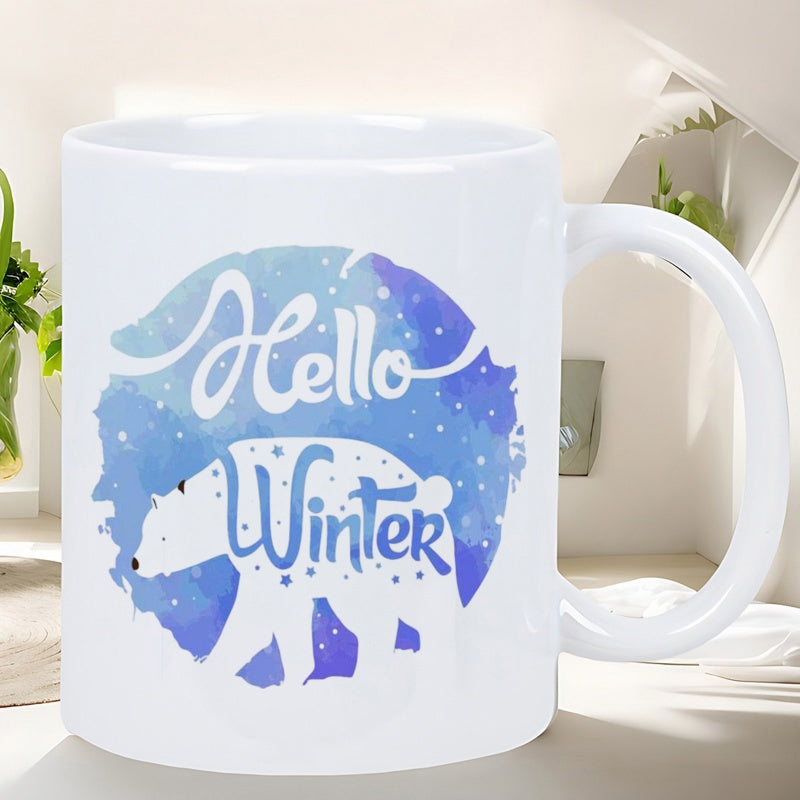 Tailorly White Ceramic 11 oz Mug - Hello Winter Artistic Blue Watercolor Circle With White Silhouette Polar Bear