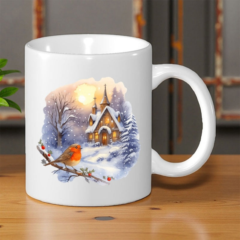 Tailorly White Ceramic 11 oz Mug - Snowy Winter Scene With Red Robin Perched On Frozen Tree Branch Cottage