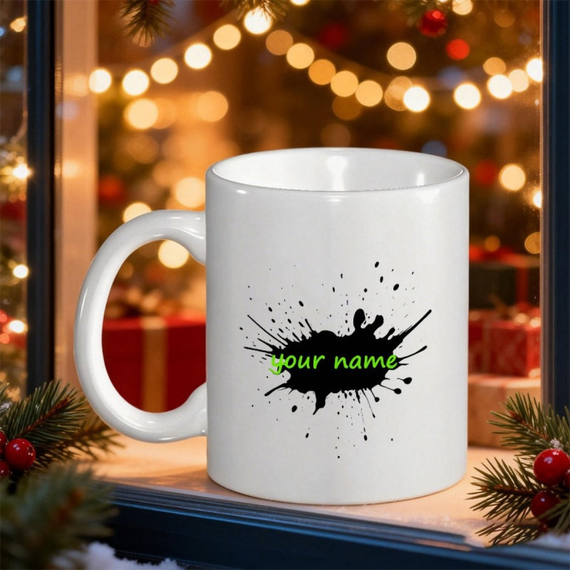 Tailorly White Ceramic 11 oz Mug - Your Name Artistic Black Ink Splatter Pattern Decorated With Vibrant Green Script Mug