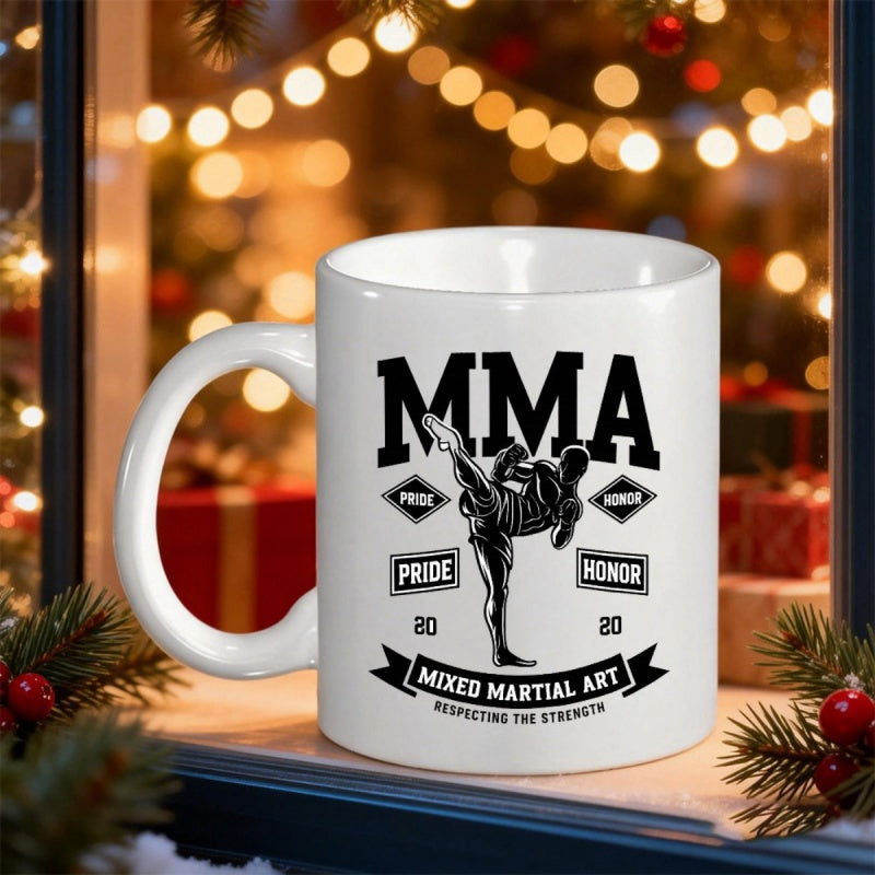 Tailorly White Ceramic 11 oz Mug - MMA Mixed Martial Art Pride Honor Respecting The Strength Silhouette Performing A High Kick With Bold Athletic Lettering