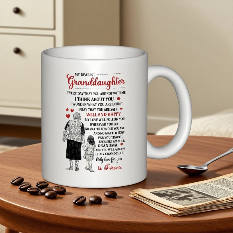 Tailorly White Ceramic 11 oz Mug - My Dearest Granddaughter Heartfelt Illustration Of Grandmother And Granddaughter Walking Together Among Floating Red Hearts