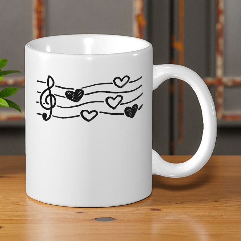 Tailorly White Ceramic 11 oz Mug - Whimsical Hand Drawn Hearts Flowing Along A Musical Staff Clef