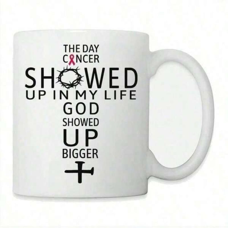 Tailorly White Ceramic 11 oz Mug - The Day Cancer Showed Up In My Life God Showed Up Bigger Inspirational Religious Theme With Pink Ribbon And Crown Of Thorns