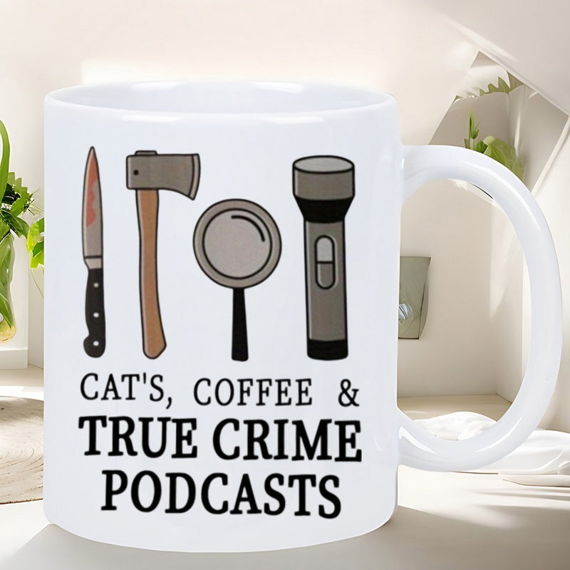 Tailorly White Ceramic 11 oz Mug - Cats Coffee True Crime Podcasts Detective Icons Featuring A Bloody Knife Axe Magnifying Glass And Flashlight Tool