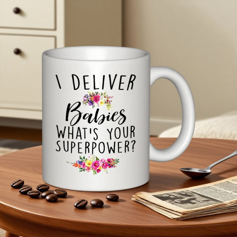 Tailorly White Ceramic 11 oz Mug - I Deliver Babies What's Your Superpower Elegant Blooming Floral Accents Featuring Colorful Petals And Natural Leaves Flower