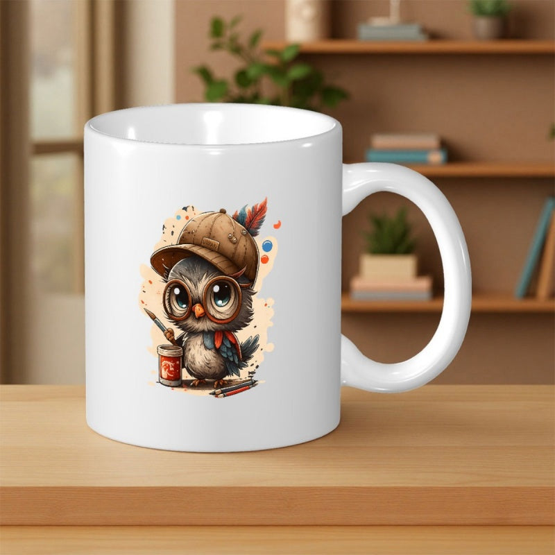 Tailorly White Ceramic 11 oz Mug - Charming Little Detective Wearing Hat Holding Magnifying Glass Owl