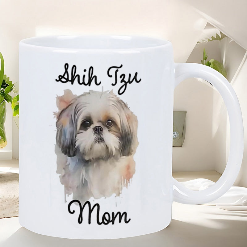 Tailorly White Ceramic 11 oz Mug - Shih Tzu Mom Artistic Hand Painted Style Fluffy Dog Portrait For Pet Lovers Shih Tzu