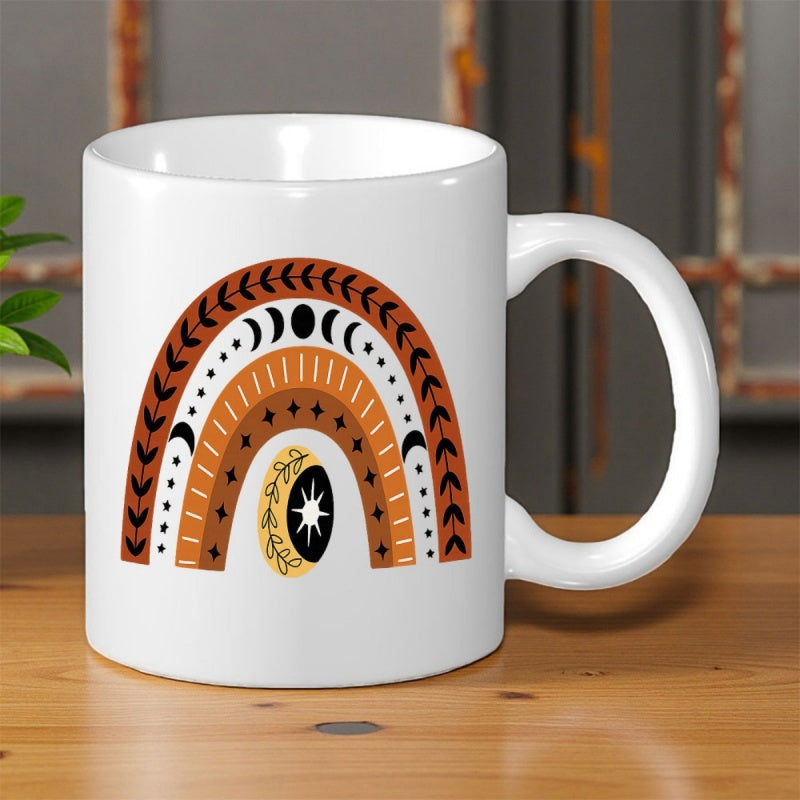 Tailorly White Ceramic 11 oz Mug - Bohemian Terracotta Arches Featuring Moon Phases And Delicate Celestial Stars Rainbow