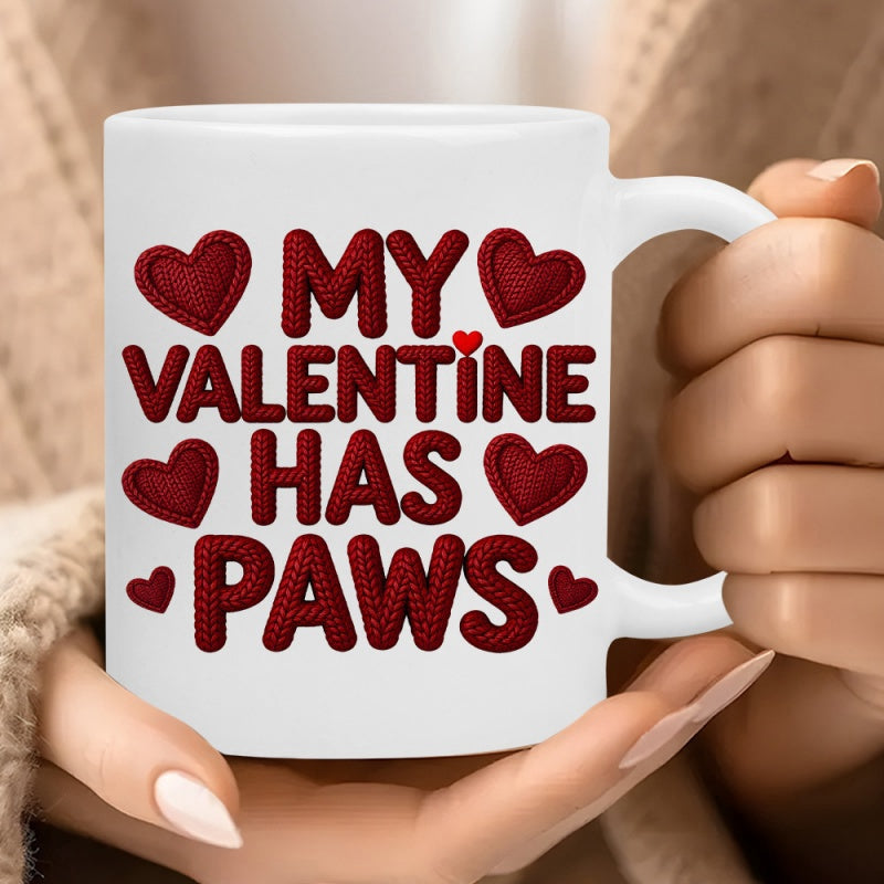 Tailorly White Ceramic 11 oz Mug - My Valentine Has Paws Soft Red Textured Hearts Floating Around Bold Romantic Pet Themed Greeting Heart