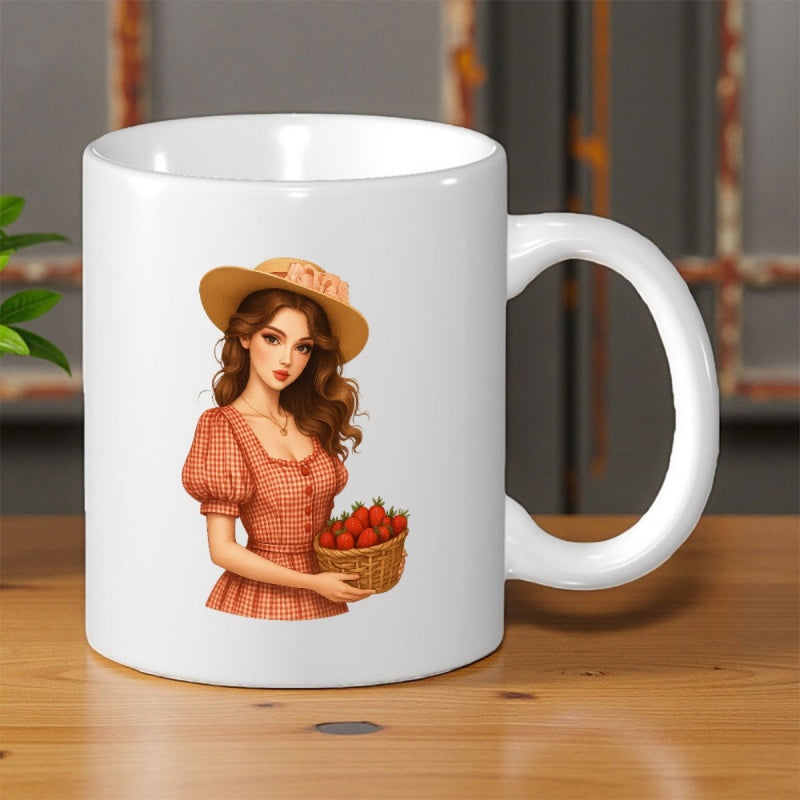 Tailorly White Ceramic 11 oz Mug - Vintage Style Elegant Lady Wearing Sun Hat Holding Basket Of Strawberries Woman