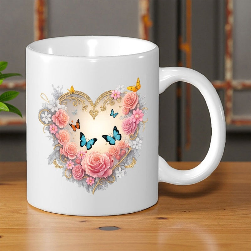 Tailorly White Ceramic 11 oz Mug - Delicate Pink Roses And Colorful Butterflies Fluttering Within Ornate Golden Frame Heart
