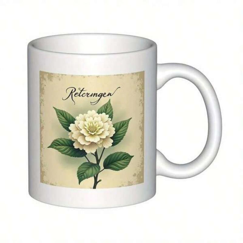 Tailorly White Ceramic 11 oz Mug - Reiermgen Vintage Botanical Cream Petals With Green Leaves On Textured Canvas Flower