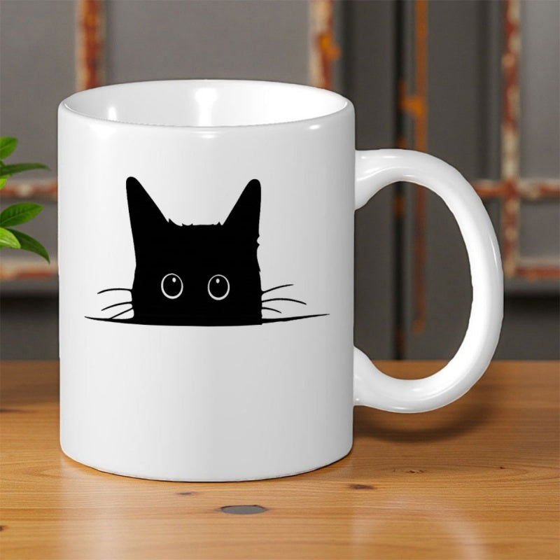 Tailorly White Ceramic 11 oz Mug - Minimalist Black Peeking Silhouette With Curious Eyes And Pointed Ears Cat